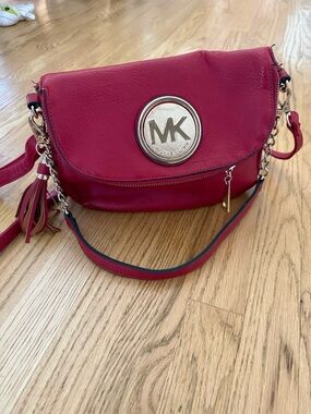 Michael Kors Red Leather Crossbody with Gold MK Emblem